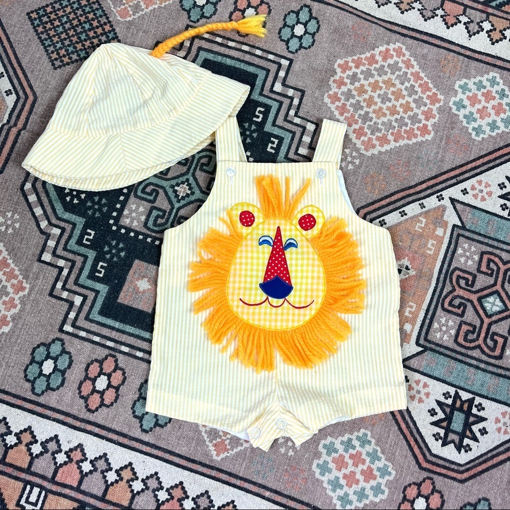 Cradlecraft Vtg 80s baby lion set romper hat 6 months seersucker overalls